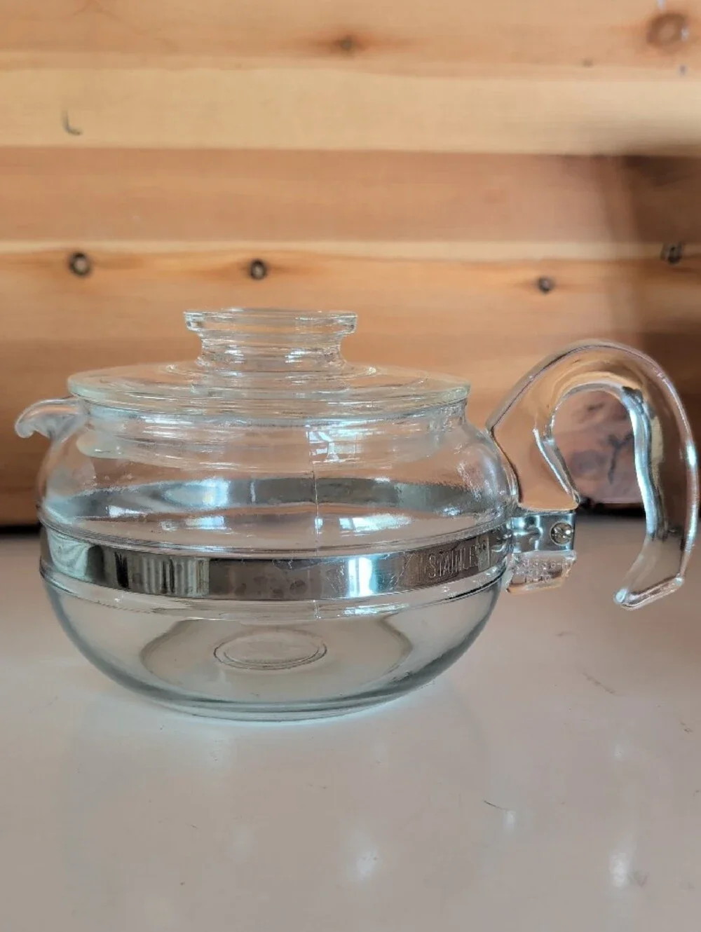 VTG. Pyrex Flameware Clear Glass Teapot with Silver Accent Lid. Made In USA